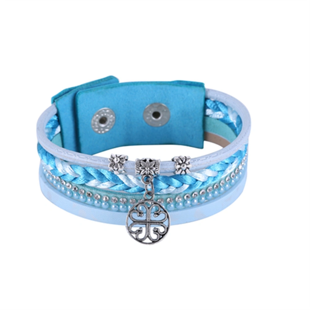 Women Multi Layers Hollow Pendant Woven Bracelet Accessory Snap Button Bangle (Sky Blue)