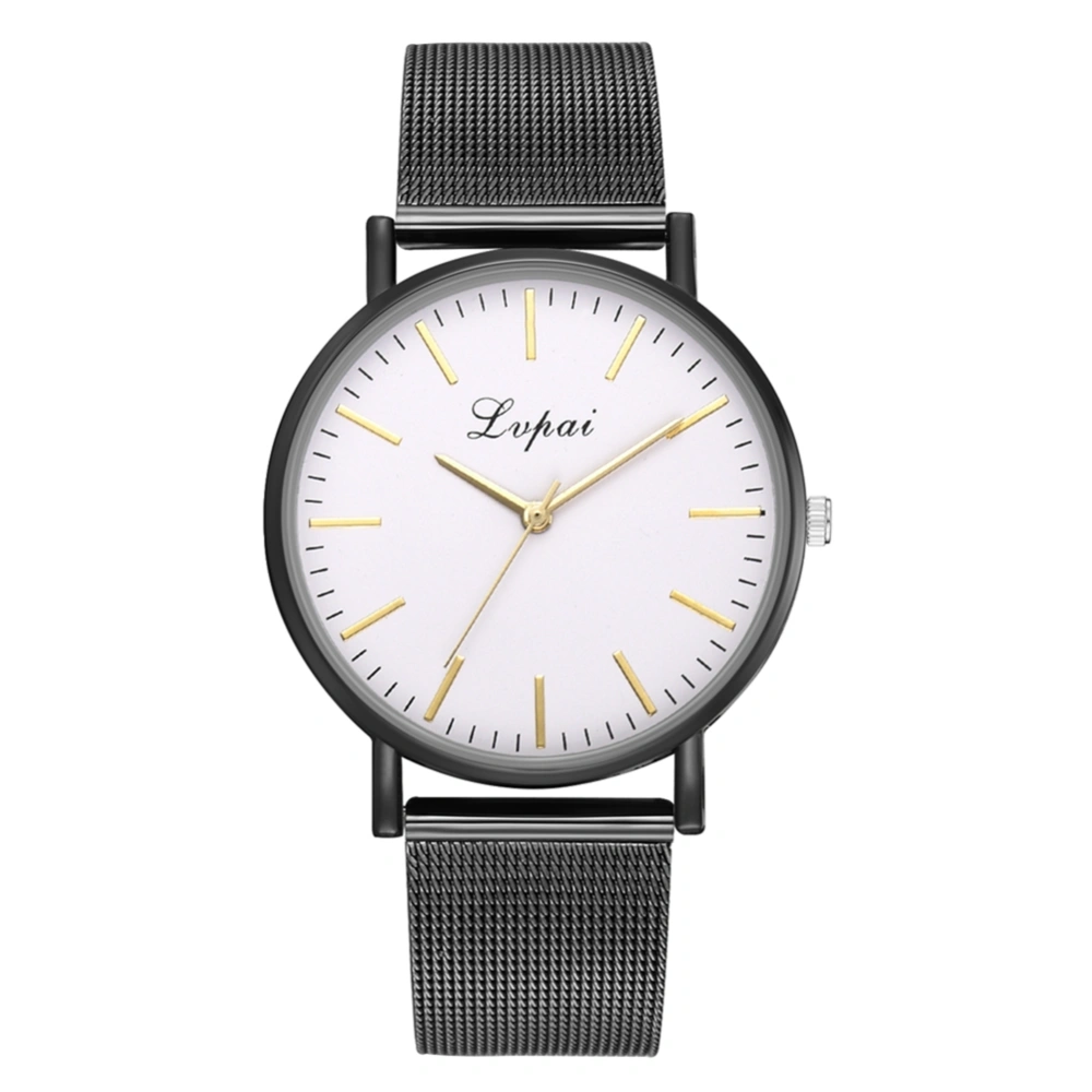 LVPAI Casual Fashionable Women Watch Alloy Mesh Belt Wristwatch(Black+White Case Golden Hand)