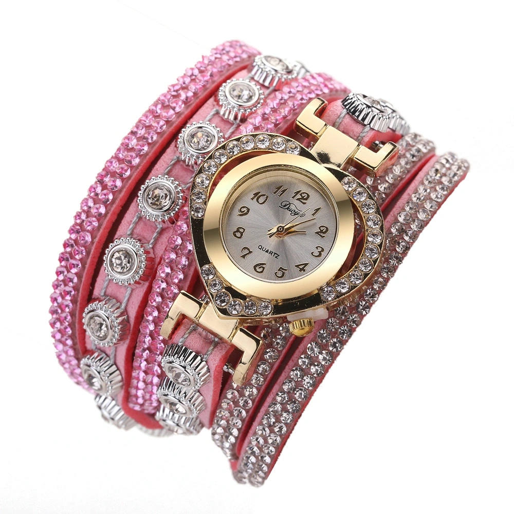 DUOYA Women Retro Fashion Rhinestones Loving Heart Multilayer Alloy Quartz Watch(Pink)