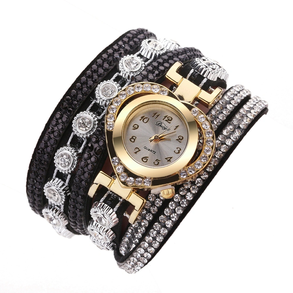 DUOYA Women Retro Fashion Rhinestones Loving Heart Multilayer Alloy Quartz Watch(Black)