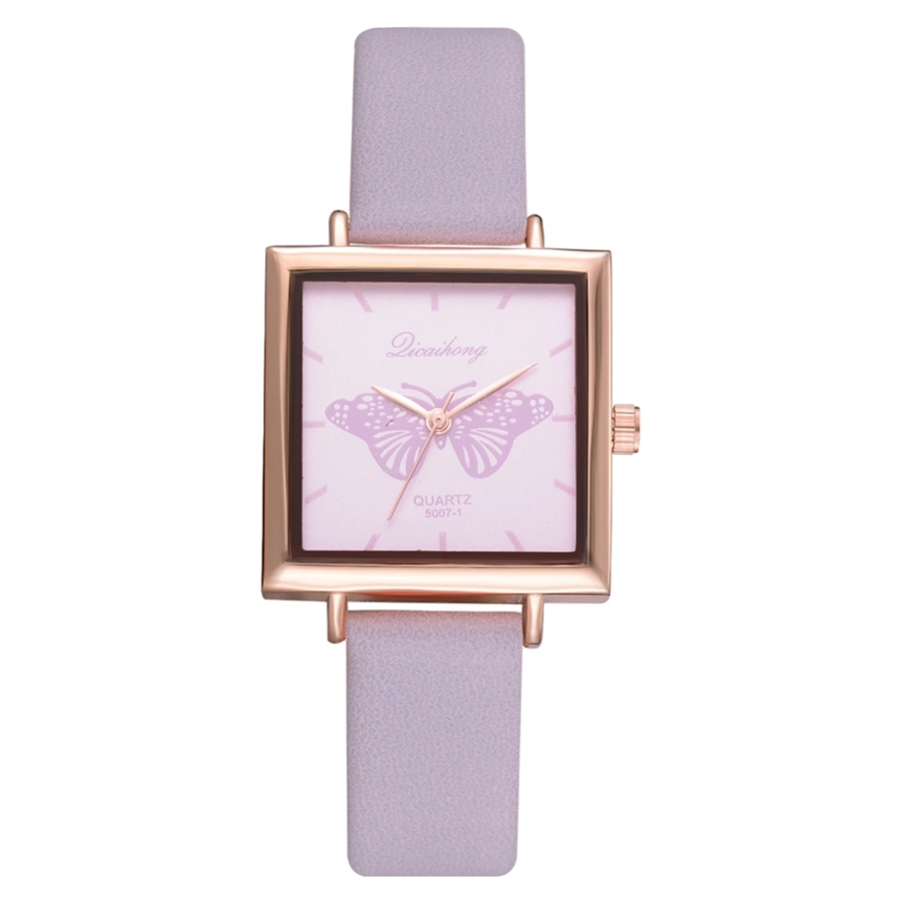 Women Square Dial Butterfly Print PU Strap Watch Alloy Quartz Wristwatch (Purple)