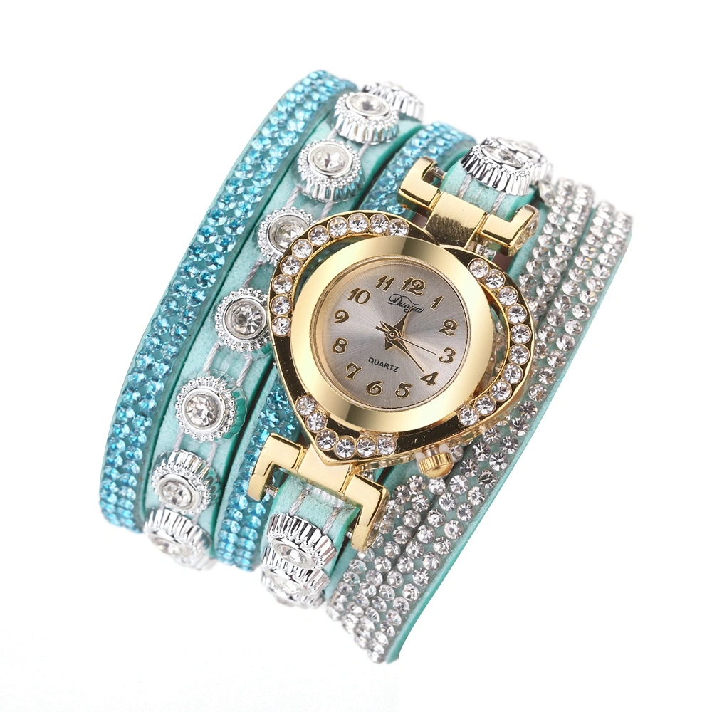 DUOYA Women Retro Fashion Rhinestones Loving Heart Multilayer Alloy Quartz Watch(Skyblue)