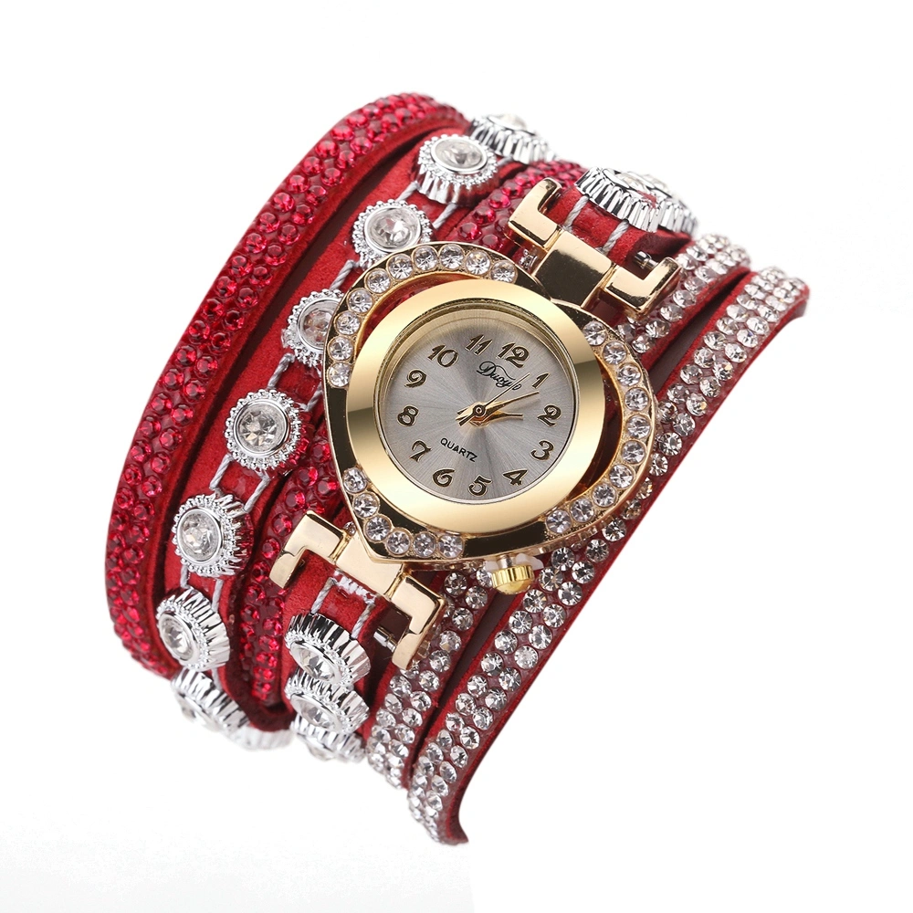 DUOYA Women Retro Fashion Rhinestones Loving Heart Multilayer Alloy Quartz Watch(Red)