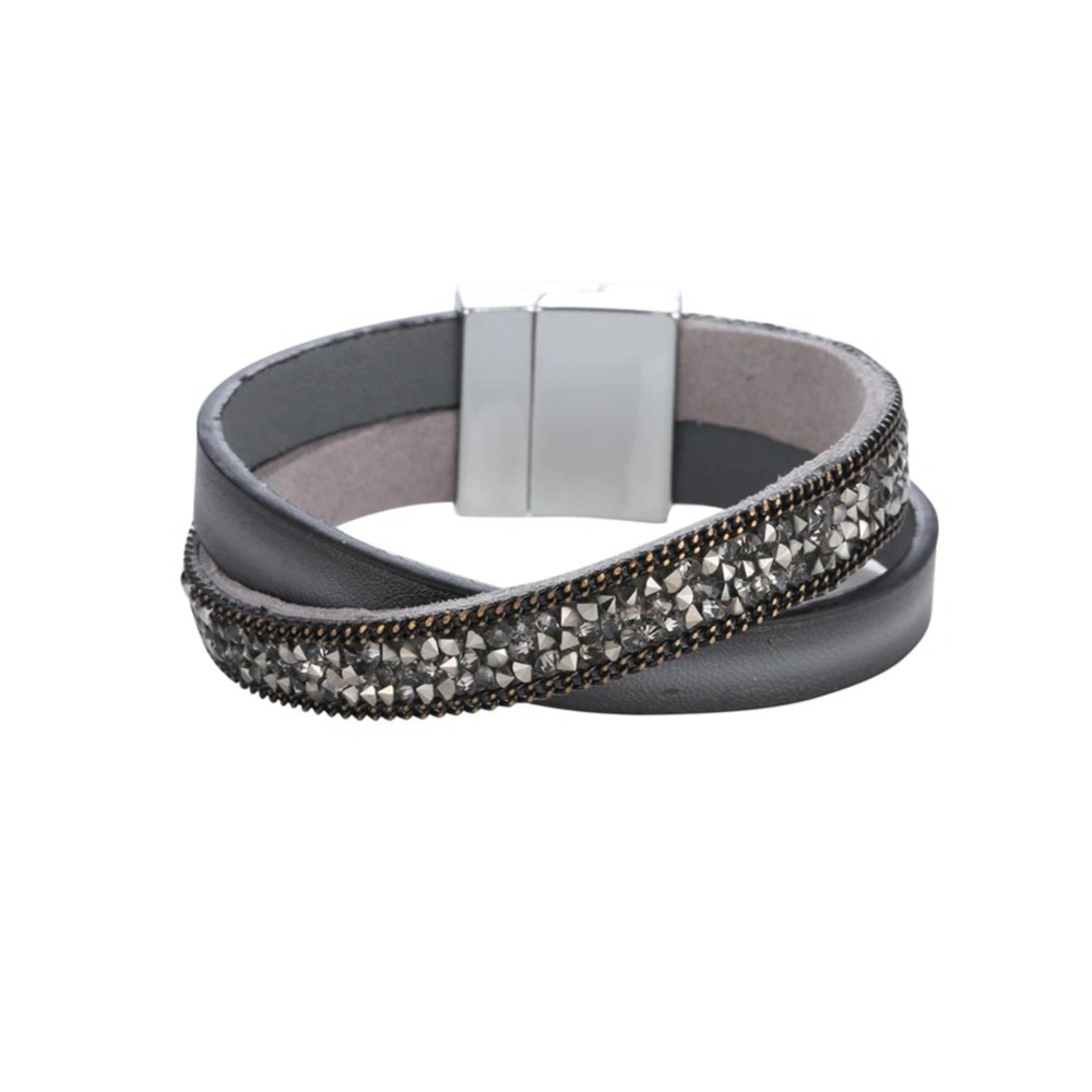 Cross Double Layers PU Leather Personality Rhinestone Bracelet Jewelry (Gray)