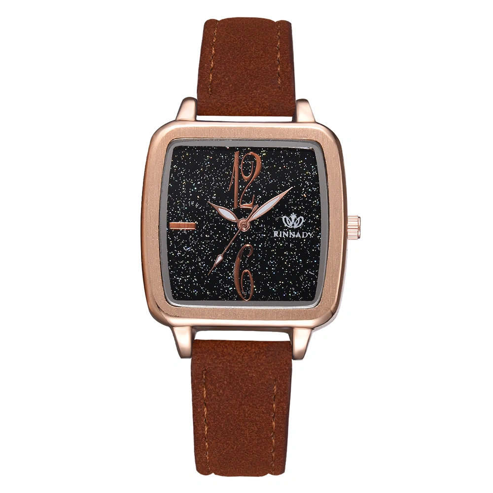 Women Stars Sky Square Dial PU Strap Watch Alloy Quartz Wristwatch (Brown)