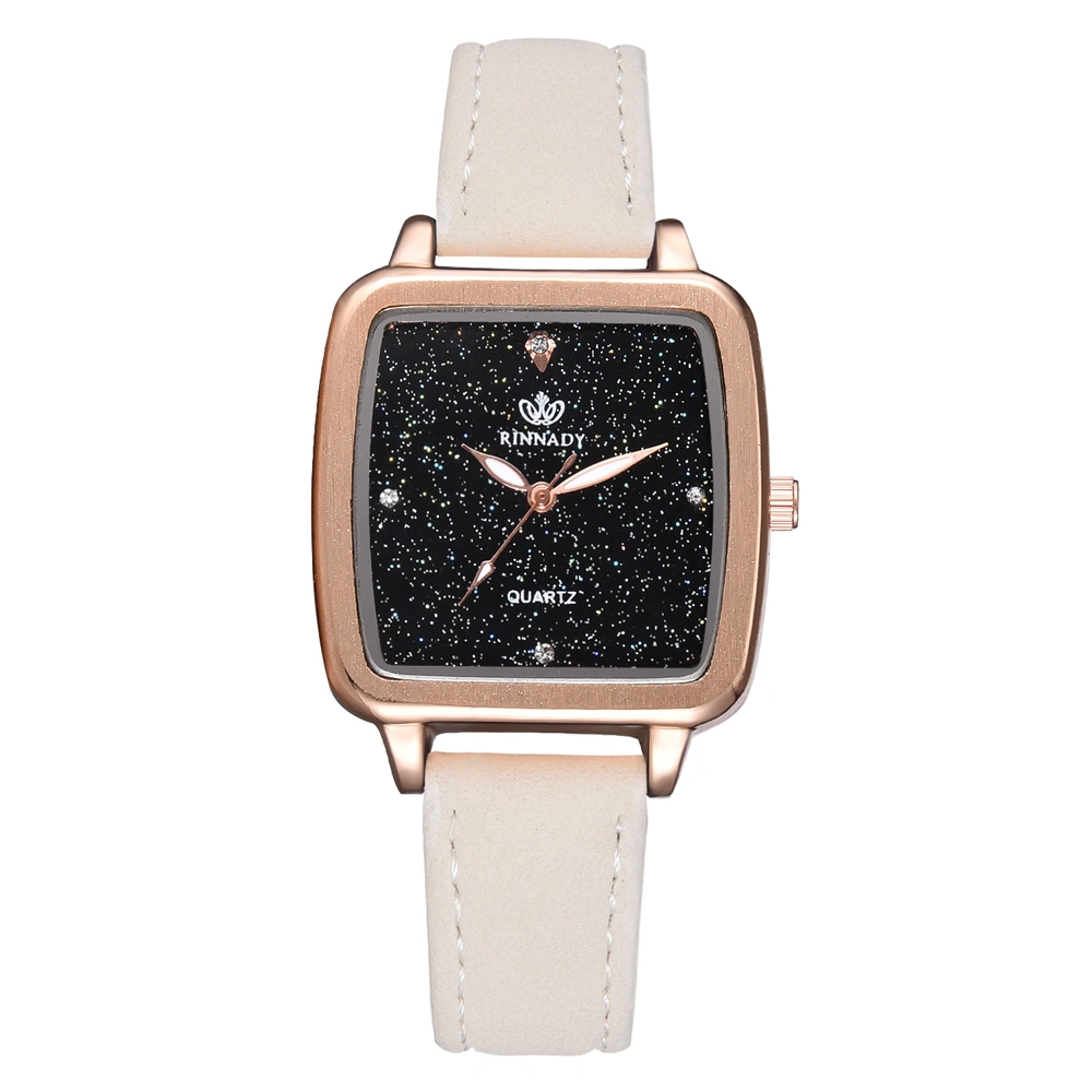 Elegant PU Leather Band Quartz Watch Shinning Square Dial Pattern Female Watch (White)