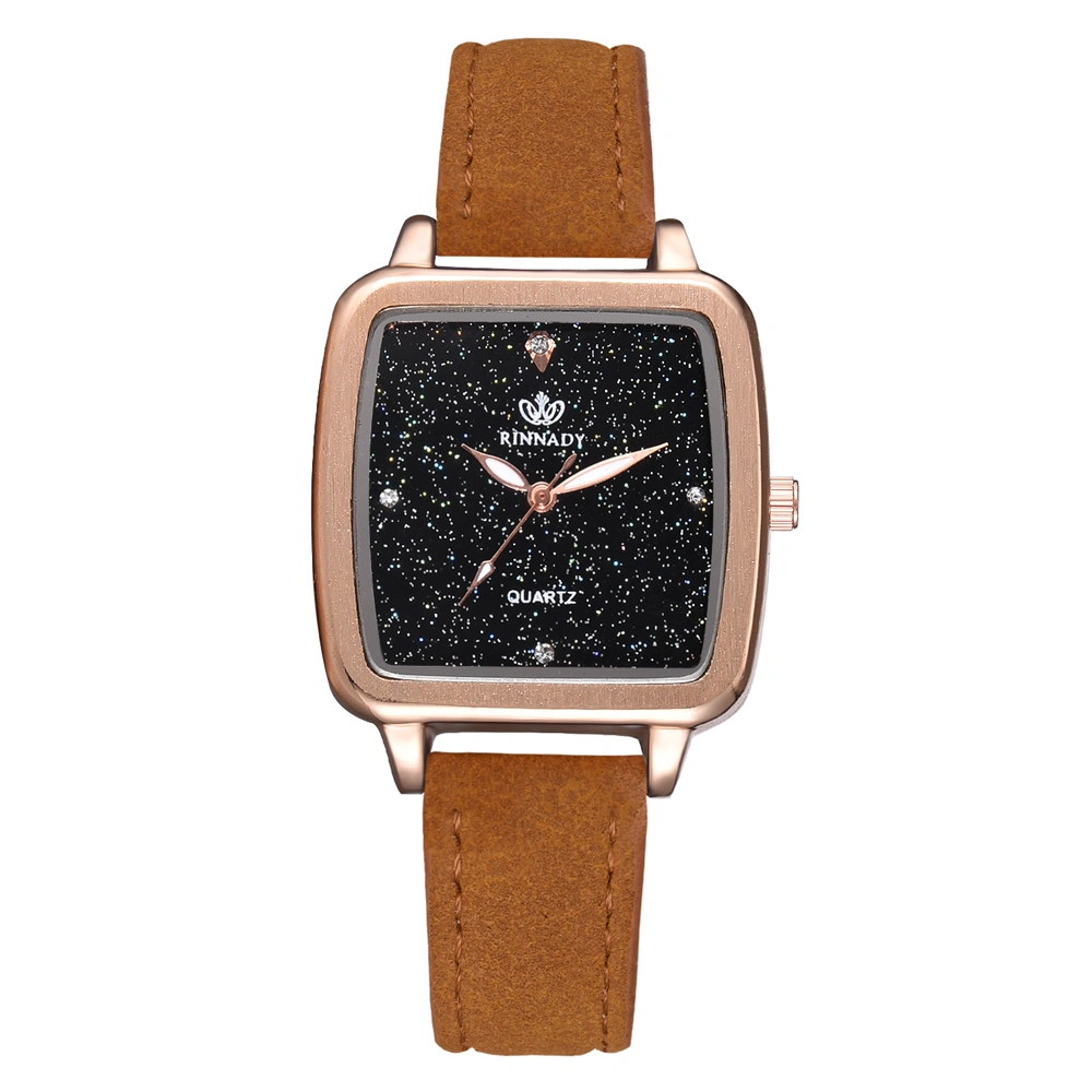 Elegant PU Leather Band Quartz Watch Shinning Square Dial Pattern Female Watch (Coffee)