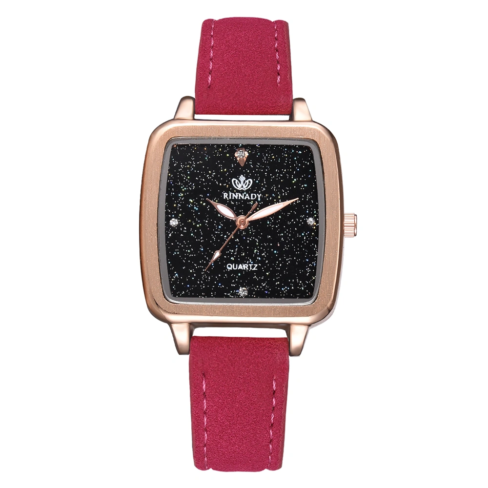 Elegant PU Leather Band Quartz Watch Shinning Square Dial Pattern Female Watch (Rose Red)