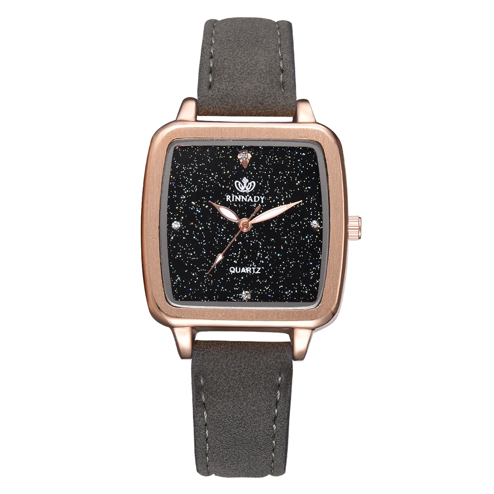 Elegant PU Leather Band Quartz Watch Shinning Square Dial Pattern Female Watch (Gray)