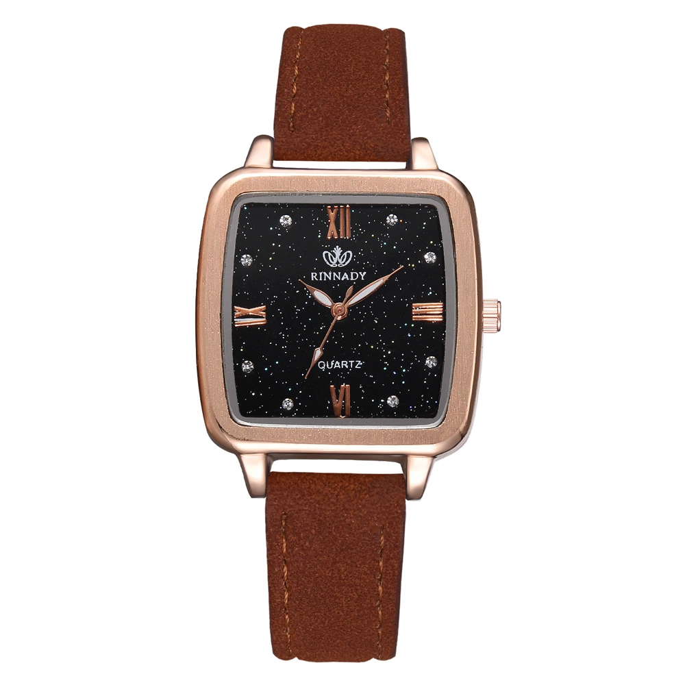 Rhinestone PU Leather Band Quartz Watch Shinning Square Dial Pattern Female Watch (Coffee)