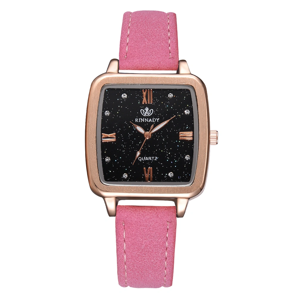 Rhinestone PU Leather Band Quartz Watch Shinning Square Dial Pattern Female Watch (Pink)