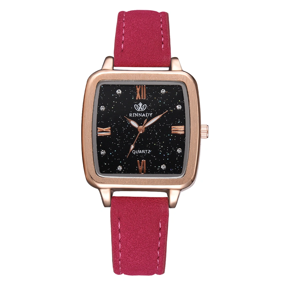 Rhinestone PU Leather Band Quartz Watch Shinning Square Dial Pattern Female Watch (Rose Red)