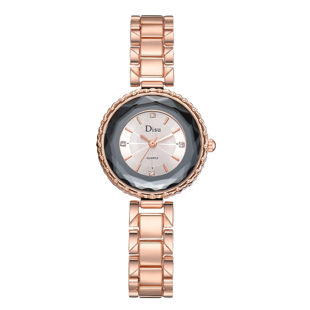 DISU Alloy Chain Band Quartz Watch Elegant Delicate Dial Pattern Female Watch (Rose Gold White)