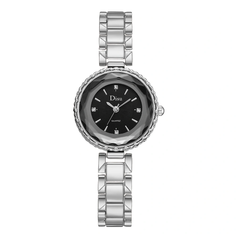 DISU Alloy Chain Band Quartz Elegant Delicate Dial Pattern Female Watch (Silver Black)