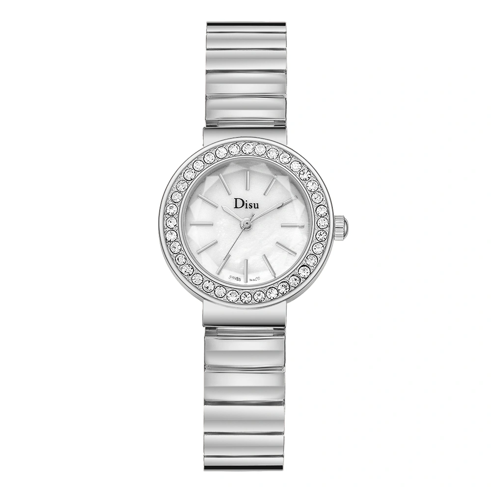 DISU Alloy Chain Band Quartz Fashion Rhinestone Dial Pattern Female Watch (Silver White)