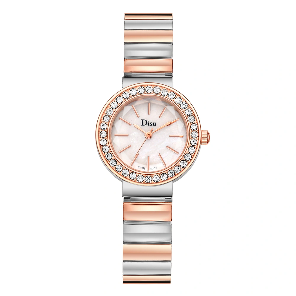 DISU Alloy Chain Band Quartz Fashion Rhinestone Dial Pattern Female Watch (Rose Gold Silver)