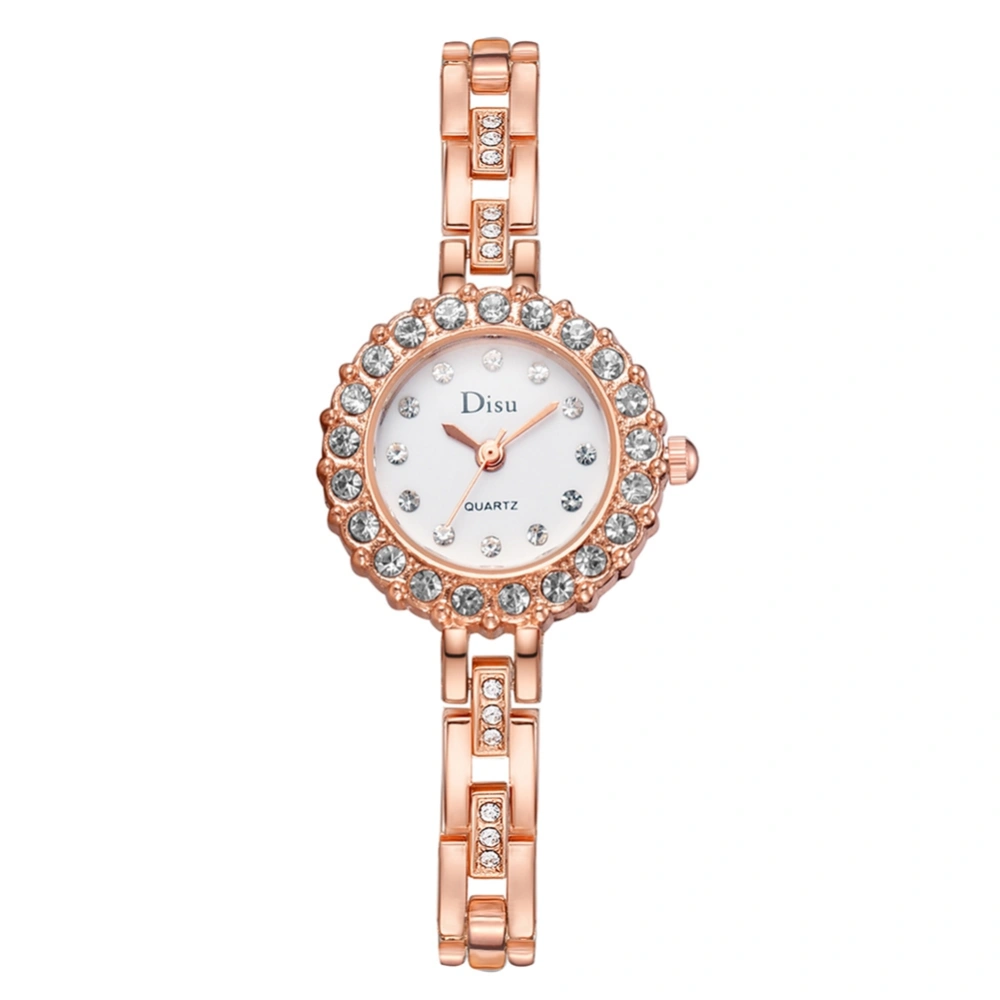 DISU Exquisite Uitra Thin Bracelet Strap Rhinestone Wrap Women Quartz Watch Rose Gold+White