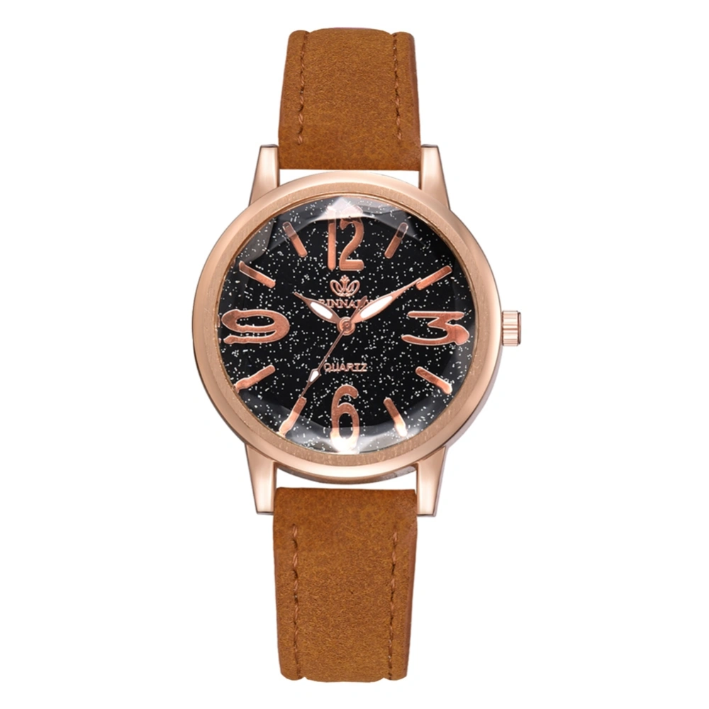 Fashionable Women Alloy Watch PU Strap Round Dial Quartz Movement Wristwatch (Coffee)