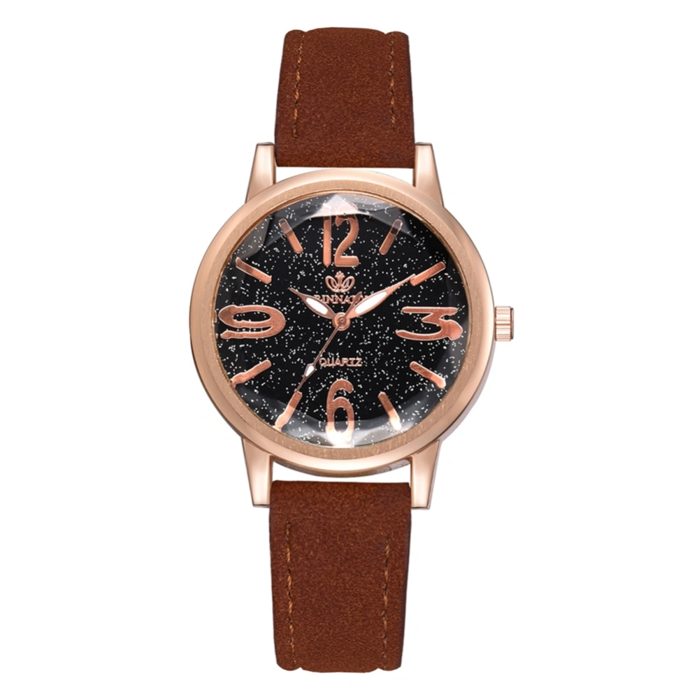 Fashionable Women Alloy Watch PU Strap Round Dial Quartz Movement Wristwatch (Brown)