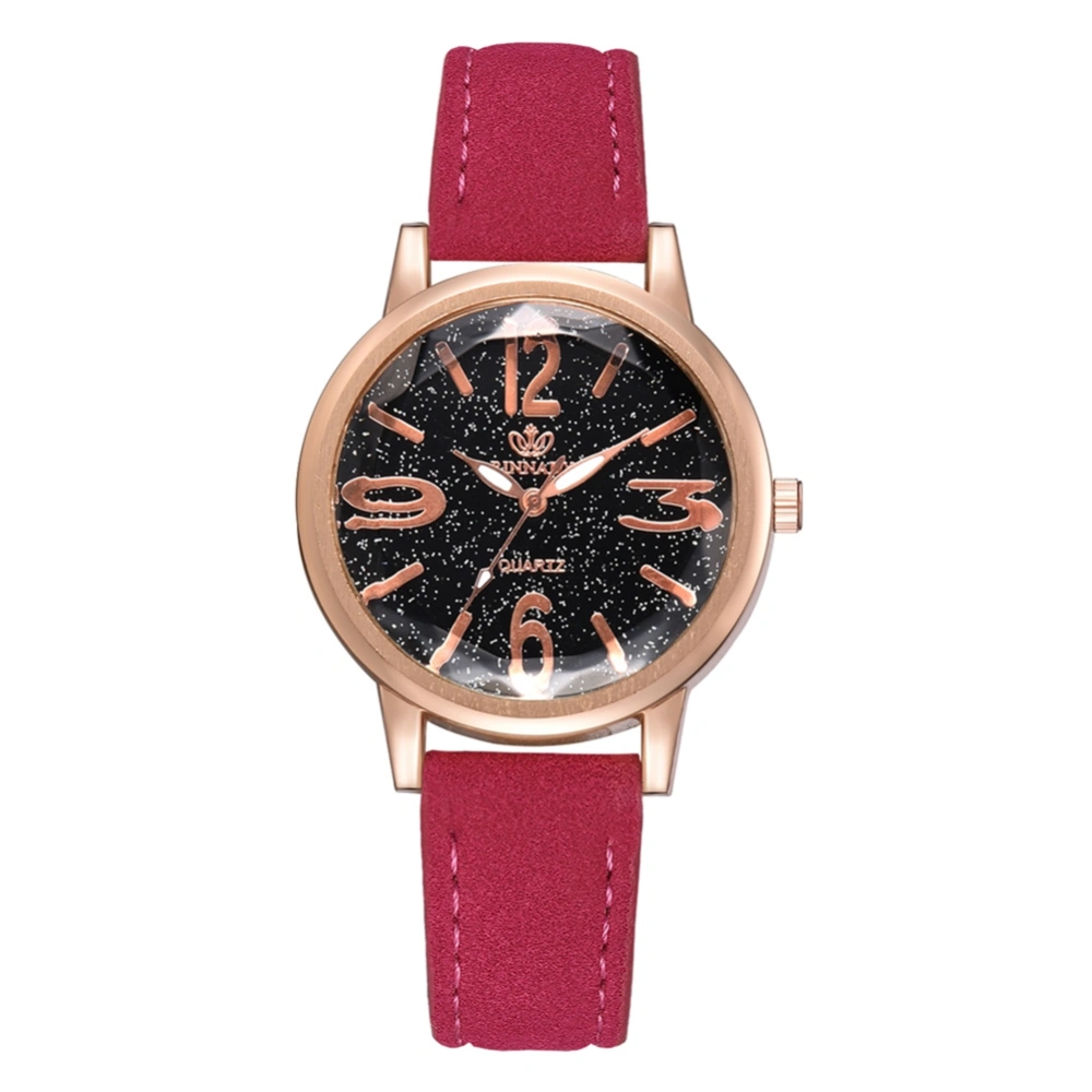 Fashionable Women Alloy Watch PU Strap Round Dial Quartz Movement Wristwatch (Rose Red)