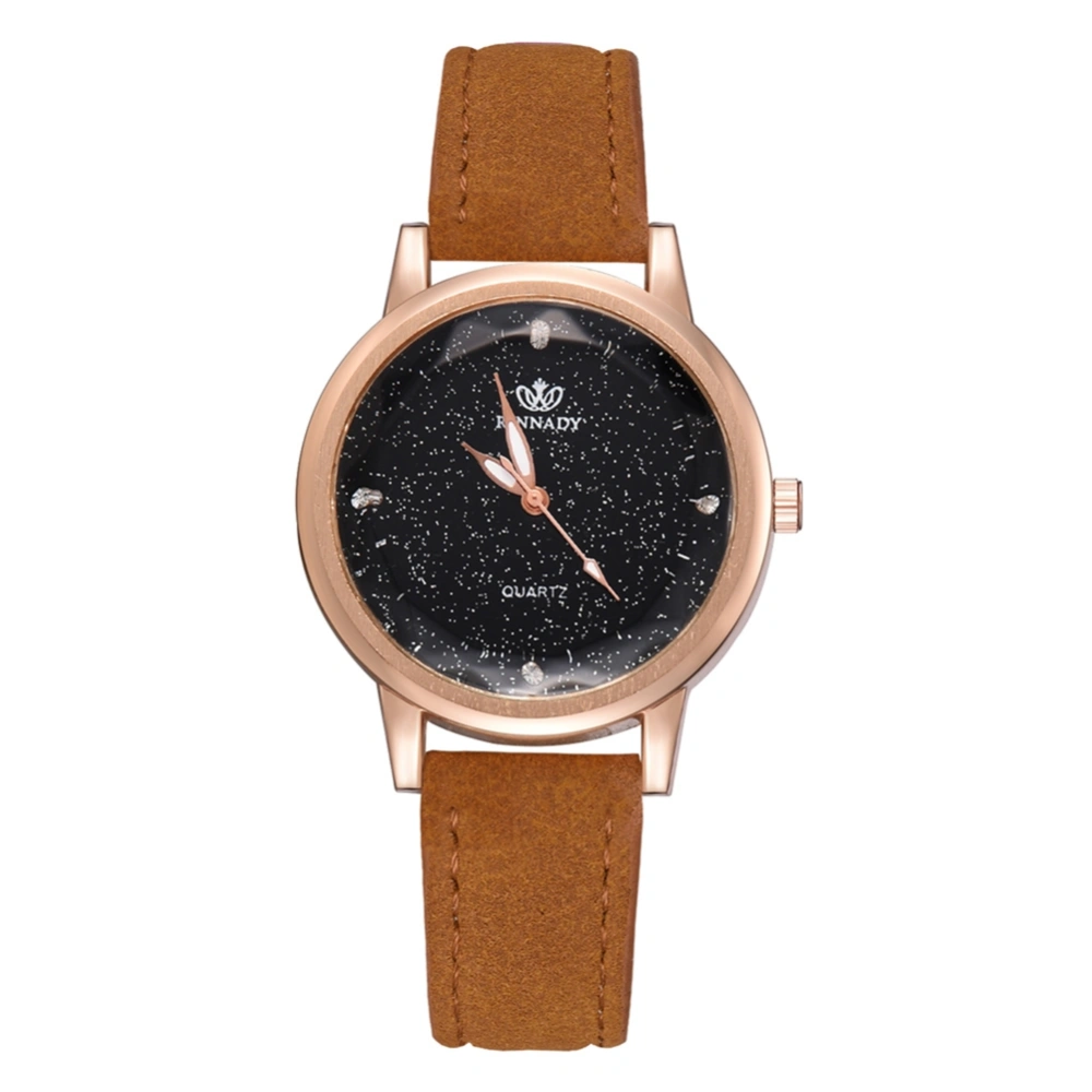 Fashionable Women PU Strap Wristwatch Round Dial Quartz Movement Watch (Coffee)