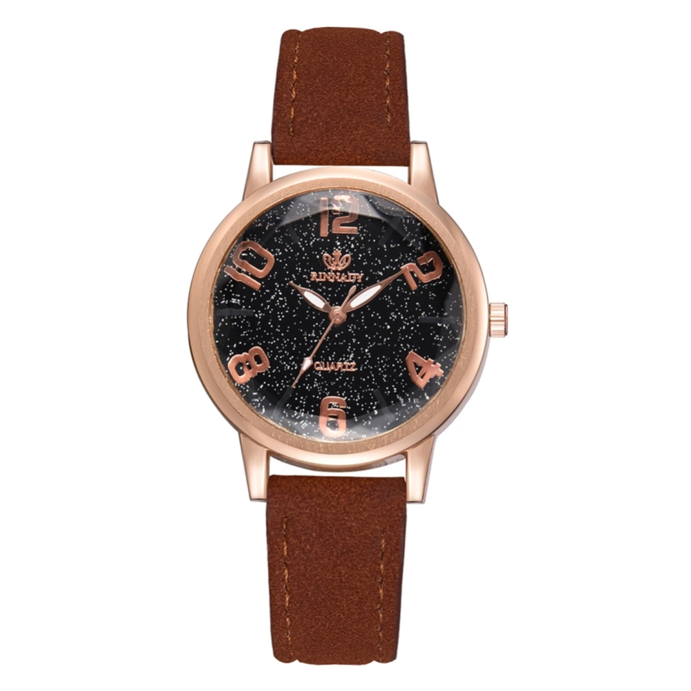 Simple Style Women Alloy Watch PU Strap Round Dial Quartz Movement Wristwatch (Brown)