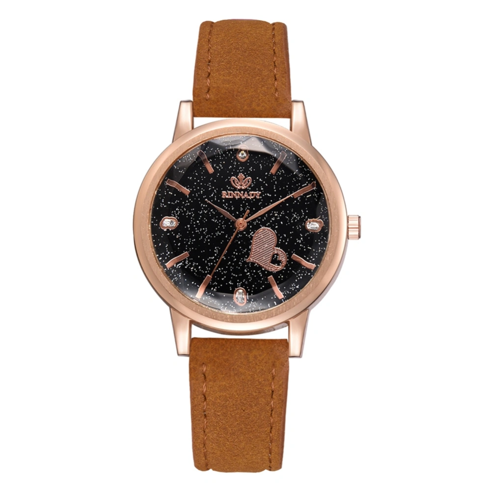 Fashionable Women Alloy Watch PU Strap Rhinestone Decoration Dial Quartz Wristwatch (Coffee)