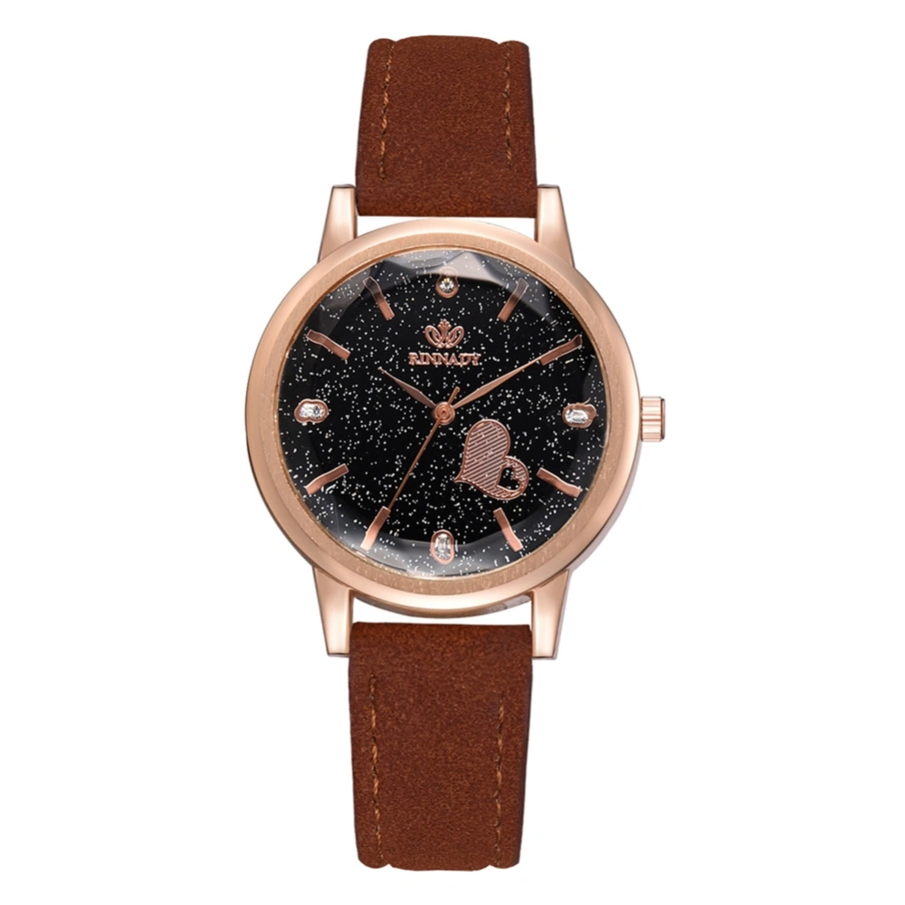 Fashionable Women Alloy Watch PU Strap Rhinestone Decoration Dial Quartz Wristwatch (Brown)