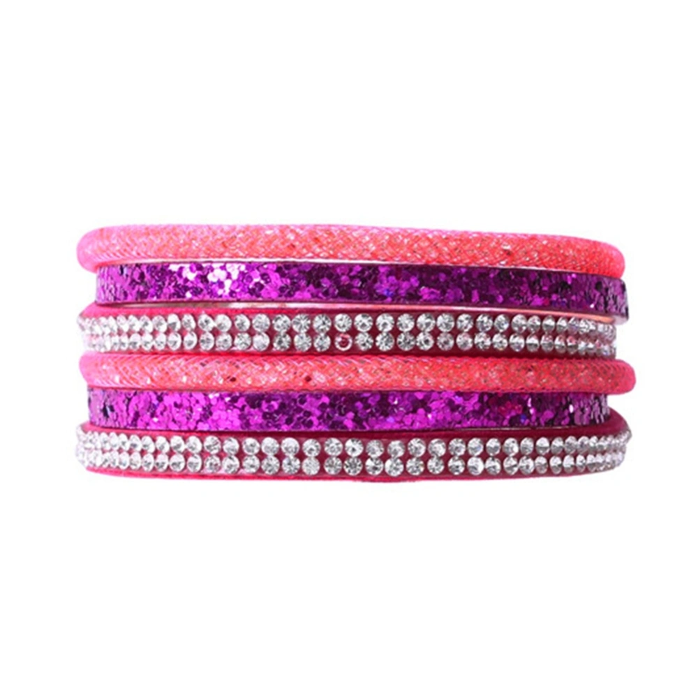 Multi Layer Design Bracelet PU Sequins Rhinestone Decoration Bangle Delicate Jewelry (Rose Red)