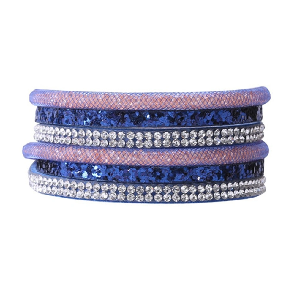 Multi Layer Design Bracelet PU Sequins Rhinestone Decoration Bangle Delicate Jewelry (Blue)