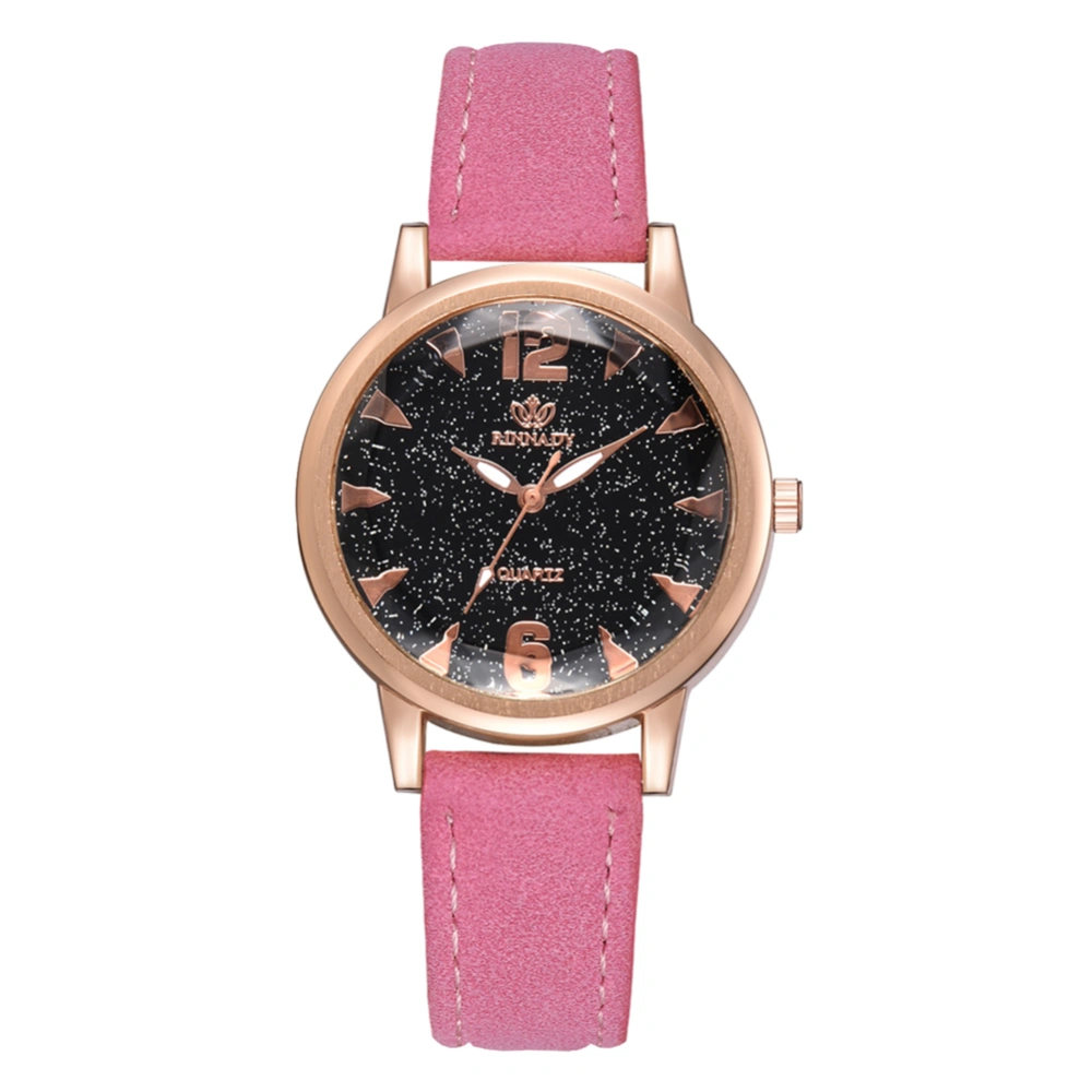 Women Stars Mirror Dial PU Strap Watch Alloy Quartz Wristwatch (Pink)