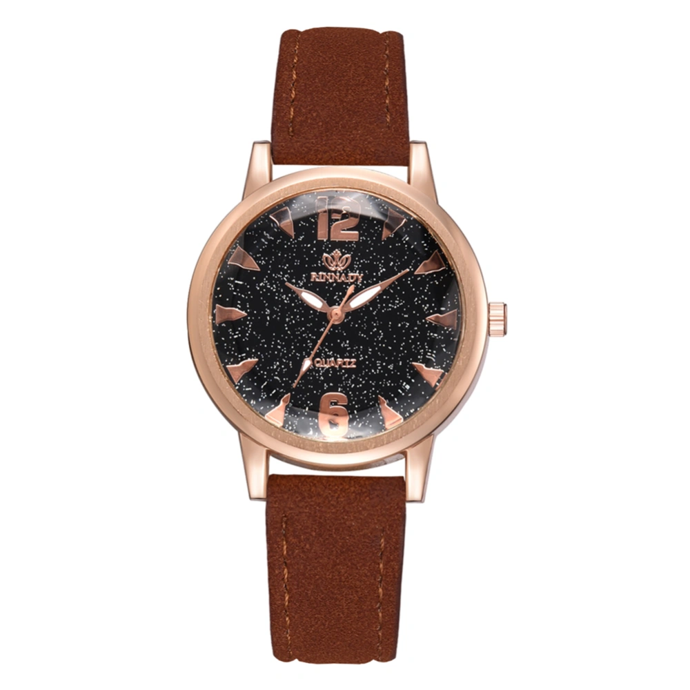 Women Stars Mirror Dial PU Strap Watch Alloy Quartz Wristwatch (Brown)