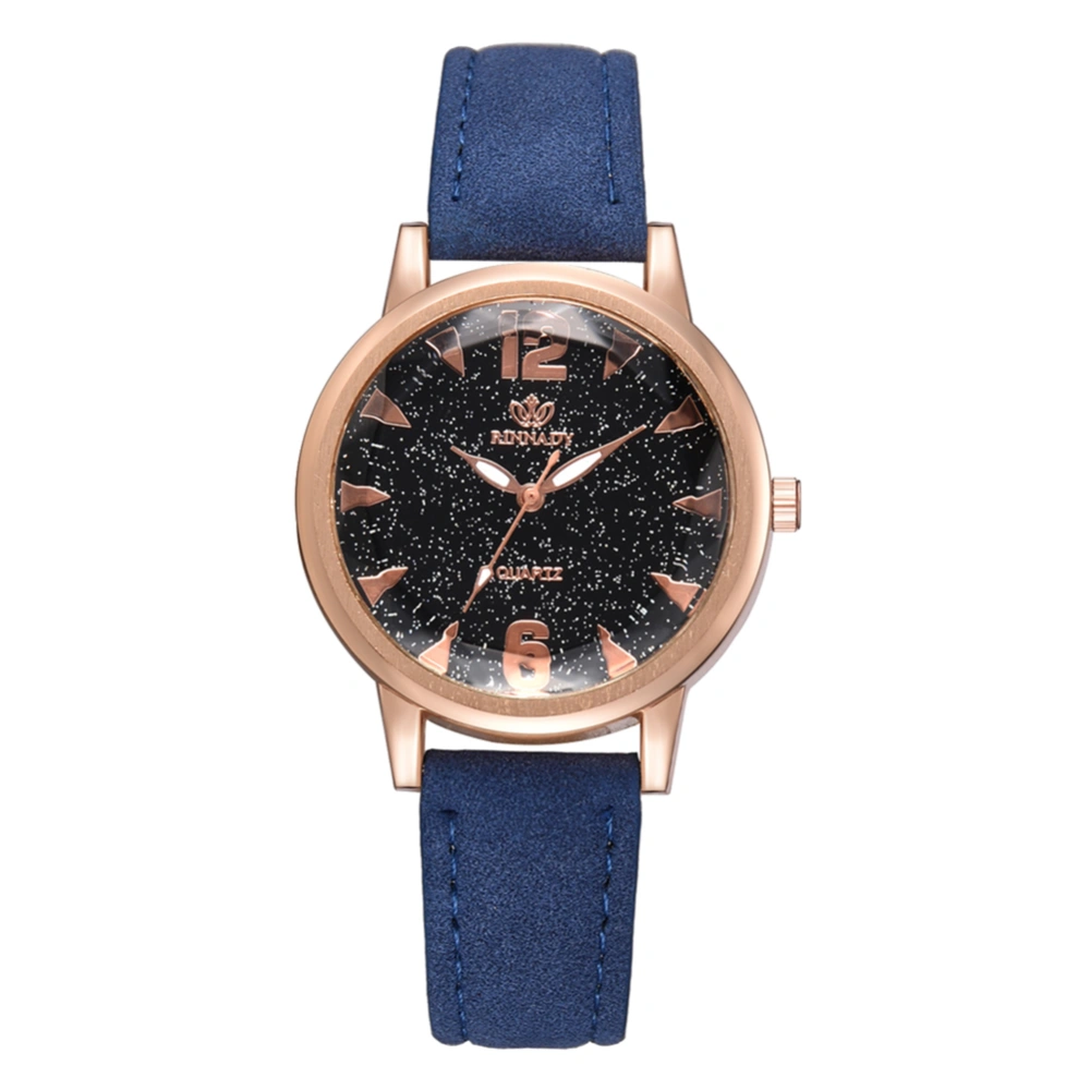 Women Stars Mirror Dial PU Strap Watch Alloy Quartz Wristwatch (Blue)