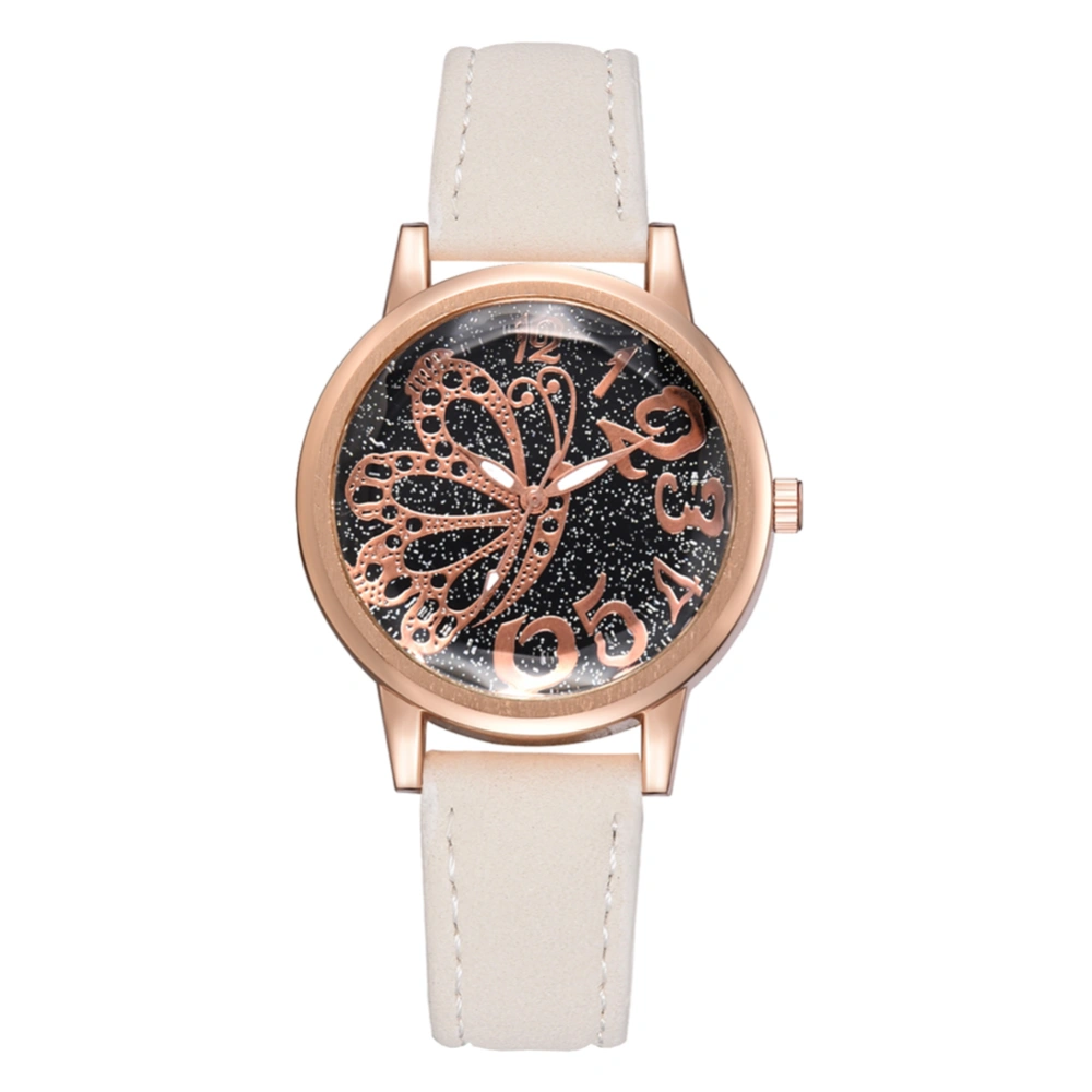 Women PU Strap Watch Alloy Quartz Butterfly Pattern Mirror Dial Wristwatch (White)