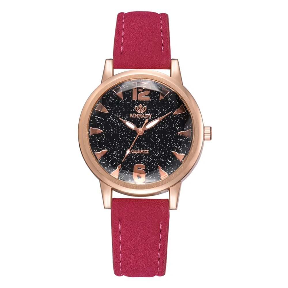 Women Stars Mirror Dial PU Strap Watch Alloy Quartz Wristwatch (Rose Red)