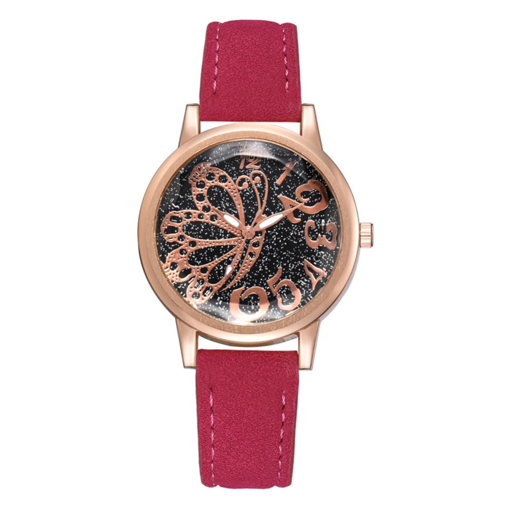 Women PU Strap Watch Alloy Quartz Butterfly Pattern Mirror Dial Wristwatch (Rose Red)