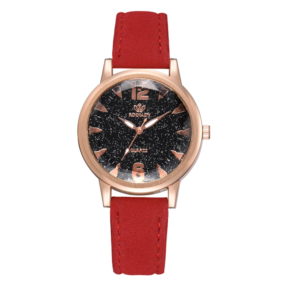 Women Stars Mirror Dial PU Strap Watch Alloy Quartz Wristwatch (Red)