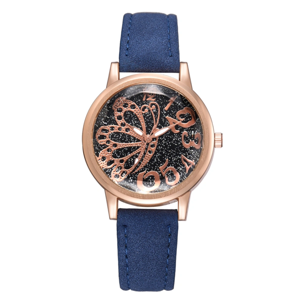 Women PU Strap Watch Alloy Quartz Butterfly Pattern Mirror Dial Wristwatch (Blue)