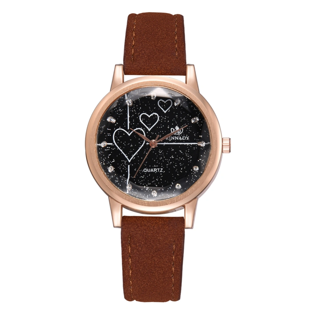 Women Heart Rhinestones PU Strap Watch Alloy Quartz Wristwatch (Brown)