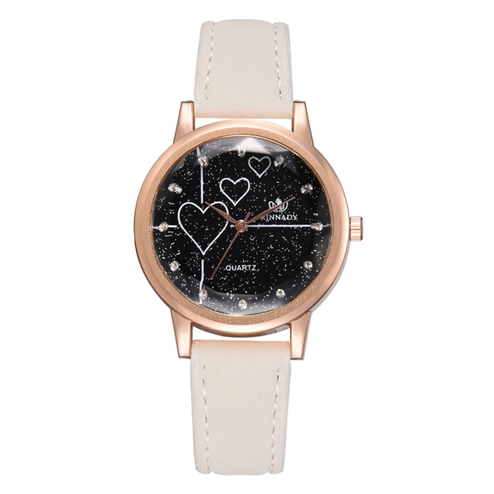 Women Heart Rhinestones PU Strap Watch Alloy Quartz Wristwatch (White)