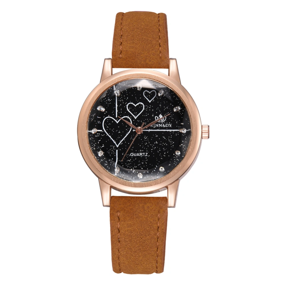 Women Heart Rhinestones PU Strap Watch Alloy Quartz Wristwatch (Coffee)