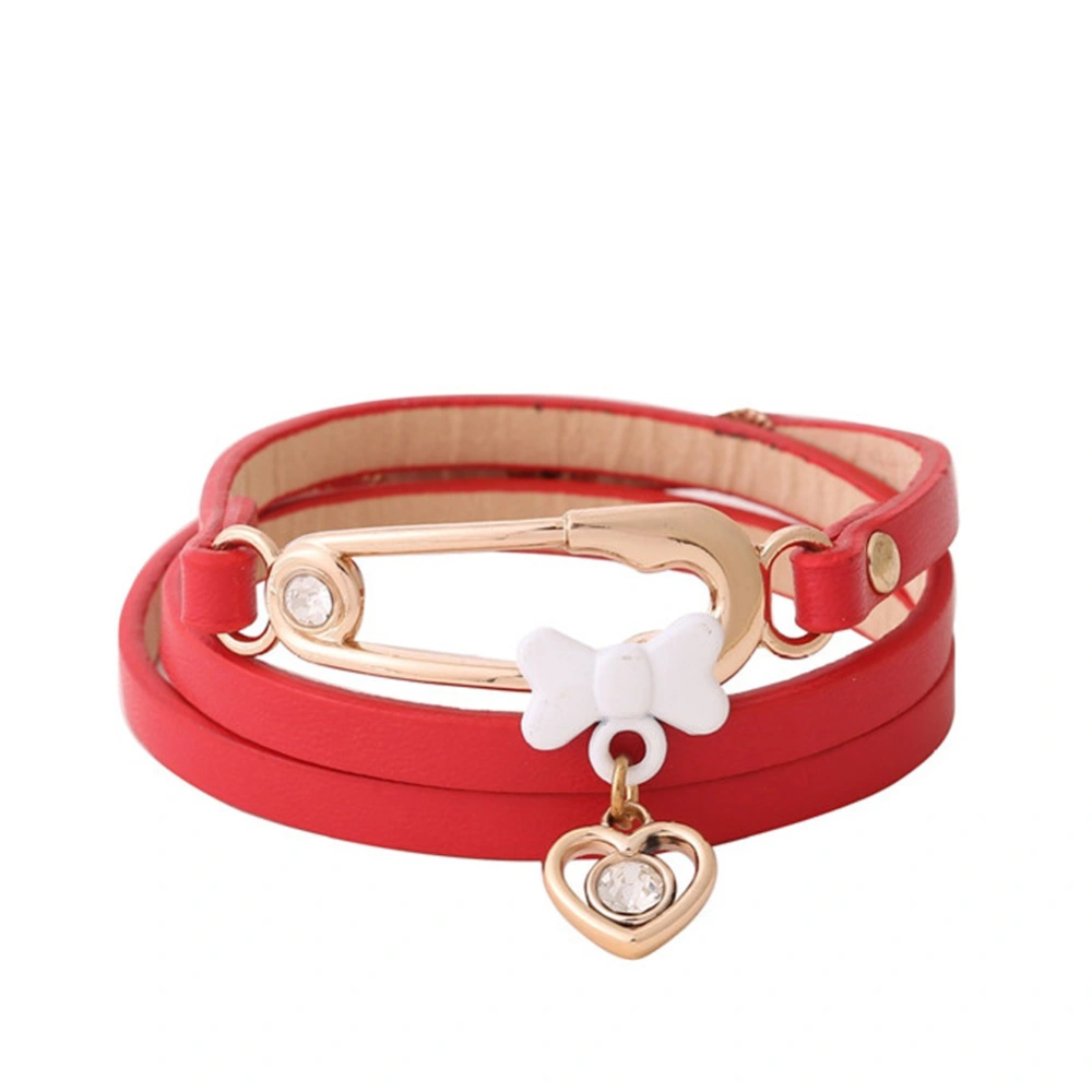 Woman Multi Layers PU Bracelet with Alloy Pin Heart Decoration (Red)