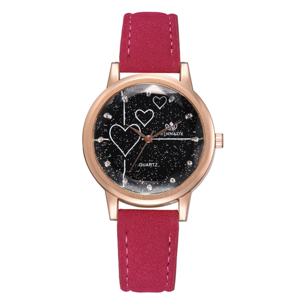 Women Heart Rhinestones PU Strap Watch Alloy Quartz Wristwatch (Rose Red)