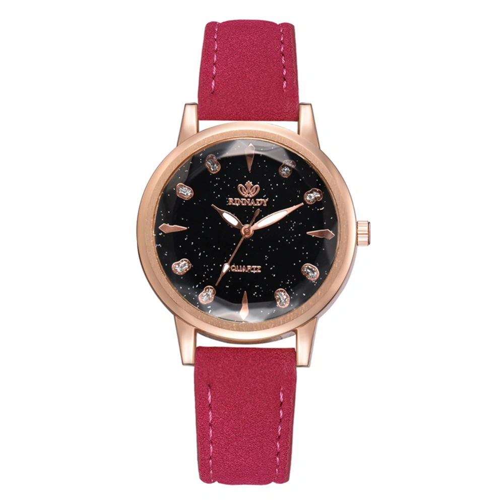 Women Night Stars Sky PU Strap Watch Rhinestones Alloy Quartz Wristwatch (Rose Red)