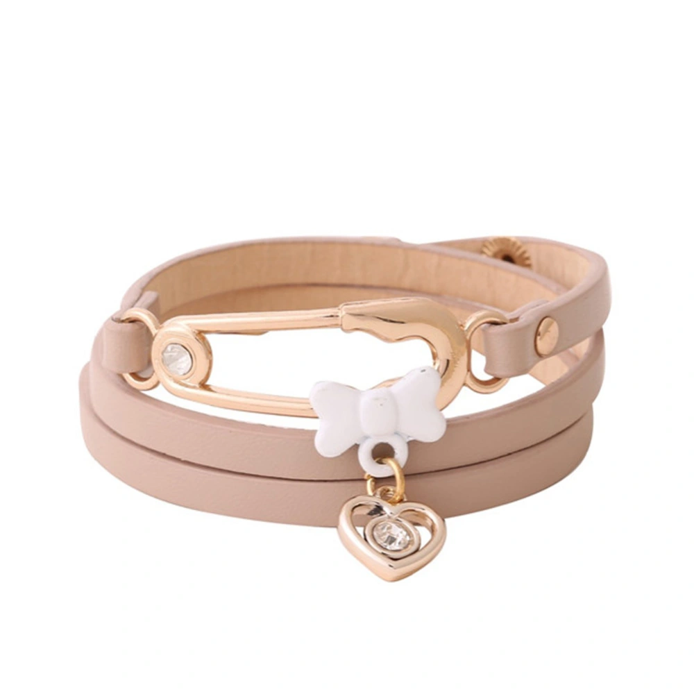 Woman Multi Layers PU Bracelet with Alloy Pin Heart Decoration (Beige)