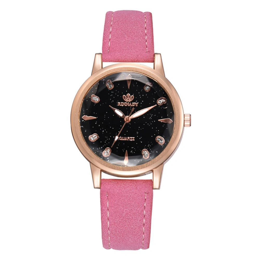 Women Night Stars Sky PU Strap Watch Rhinestones Alloy Quartz Wristwatch (Pink)