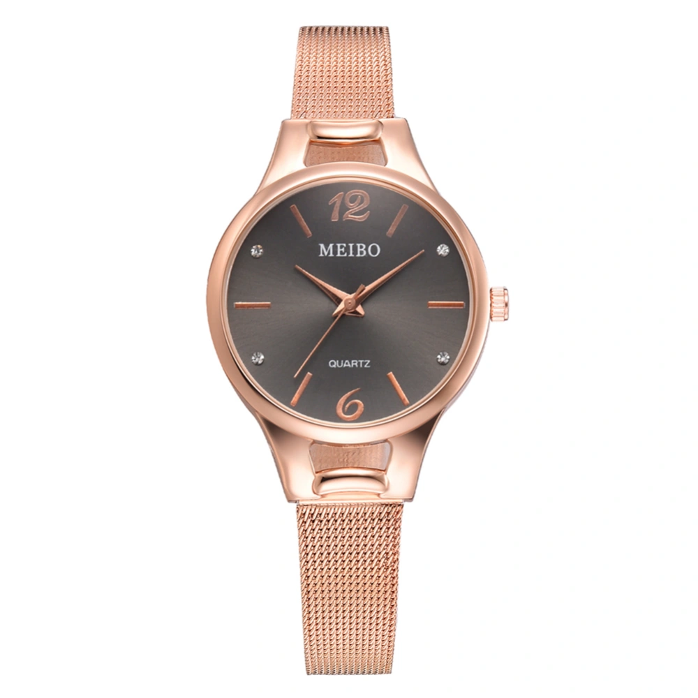 Simple Ultra Thin Elegant Women Mesh Strap Alloy Quartz Watch Wristwatch Rose Gold+Black