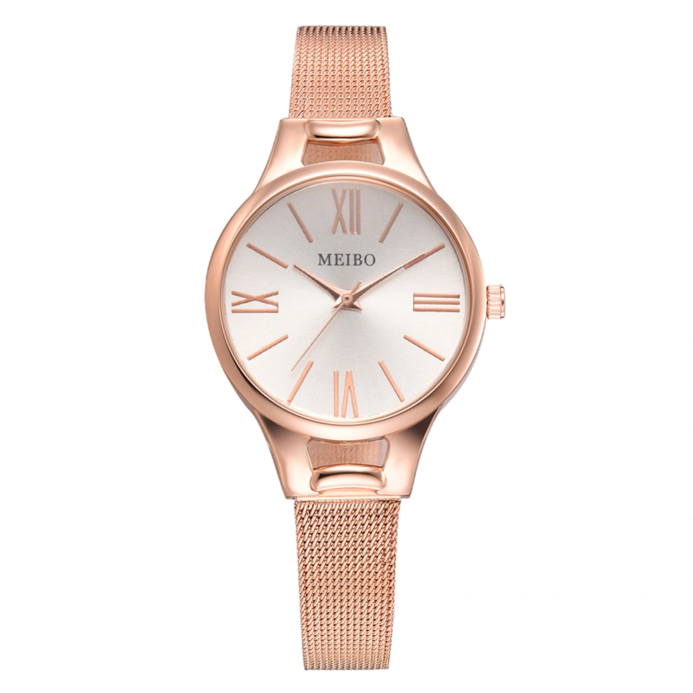 Women Mesh Strap Watch Roman Numerals Alloy Quartz Wristwatch (Rose Gold White Dial)