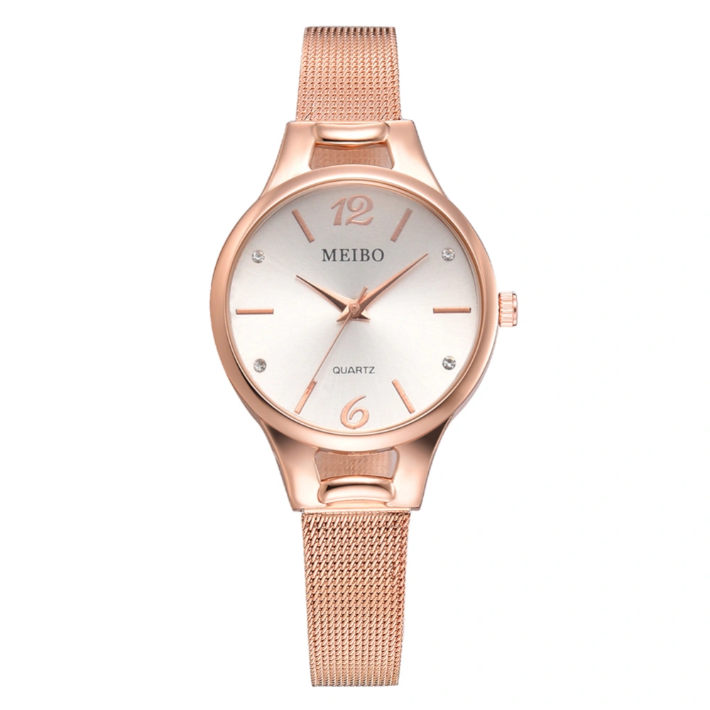 Simple Ultra Thin Elegant Women Mesh Strap Alloy Quartz Watch Wristwatch Rose Gold+White