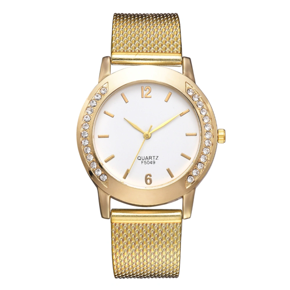 Fashion Analog Display Alloy Strap Quartz Movement Casual Women Wristwatch with Rhinestone